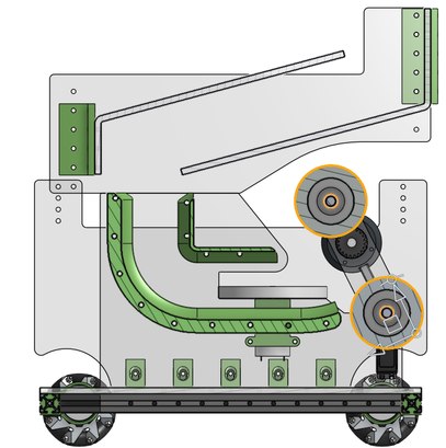 Side view of the shooter and actuated hood